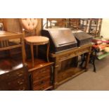 Four drawer hardwood pedestal chest, two drawer console table and two occasional chairs (4).