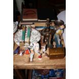 Three Royal Crown Derby bird paperweights, stamp albums, metalware, wooden toys, etc.