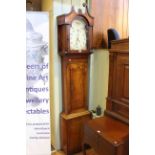 Antique mahogany and chequer inlaid 30 hour longcase clock having painted arched dial,