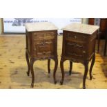 Pair French oak marble topped pot cupboard, 40cm by 83cm.