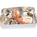 Box with jewellery including coral, mourning brooch, silver, etc.