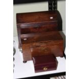 Wooden sewing box, tea caddy and a jewellery box.