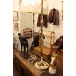 Two standard lamps, Eastern carved camel stool, horses head table lamp and coat rack (5).