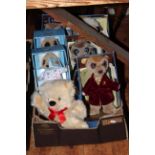 Box of Meerkat 'Compare the Market' toys and Steiff teddy bear.