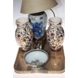 Oriental blue and white pottery table lamp, pair Fischer of Budapest vases and Oriental bowl.