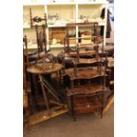 Spinning wheel, two occasional tables, whatnot, wall shelf, Canterbury and vintage drill (7).