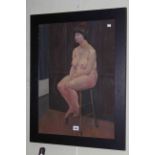 1920's oil on canvas of a female nude seated on a stool, 59.5cm by 43.5cm, in glazed frame.