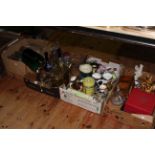 Four boxes of glassware, china, desk lamp, clockwork model railway, brass watering can, etc.