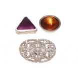 Silver nurses buckle, silver and enamel triangular pill box and tiny silver and enamel bowl (3).