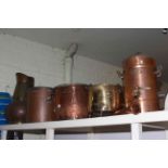 Copper and brass jug, copper lidded two handled pan, log bin, urn,