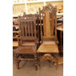 Two pairs of Victorian oak high back side chairs.