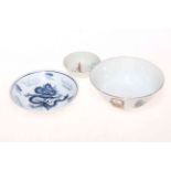 Chinese tea bowl with figures, dragon painted small dish and tiny bowl (3).