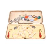 Box with coloured stone bracelet, silver flower brooch, earrings, etc.