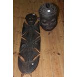 Carved wood tribal plaque and bust.