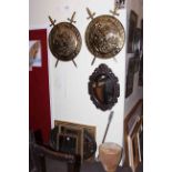 Pair brass plaques, five framed mirrors, two pictures, barometer, shooting stick and African drum.