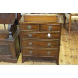 Neat mahogany and chequer inlaid five drawer chest on splayed bracket feet, 61cm by 74cm.