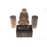 Carved and coloured wood Buddha, Chinese trinket box and two canisters (4).