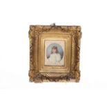 Gilt framed portrait miniature of a young child, signed E. Morton.