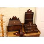 Georgian oak spoon rack, candle box, egg rack and Victorian mahogany wall pocket.