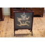 Late Victorian firescreen with Oriental embroidered panel 60cm by 83cm.