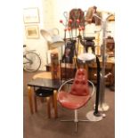 Norwegian rosewood lidded circular table, two coat stands, three lamps,