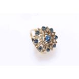 9 carat gold sapphire and seed pearl ring, boxed.