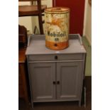 Painted two door side cabinet, Mobil oil can and two pieces of leaded glass (4).
