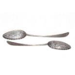 Pair Hester Bateman silver desert spoons with embossed and chased decoration, London 1783.