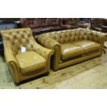 Tan leather deep buttoned Chesterfield settee and chair.