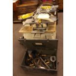 Multi-tool saw bench, trunk of tools and two bench vices.