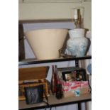 Record player and quantity of LP records, table lamp and shade,