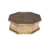 19th Century octagonal brass jewellery box with quilted interior.