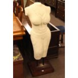 Plaster model of a female torso on stand.