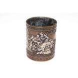 Chinese bronze brush pot having silvered figure decoration, 13cm.