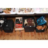 Collection of cameras, camera equipment, lenses, pair of binoculars, vintage radios, etc.