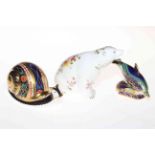 Royal Crown Derby snail, dolphin and bear paperweights (3).