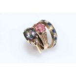 Collection of three 9 carat gold rings with ruby, sapphire and topaz.