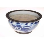 Chinese blue and white bowl decorated with fisherman and boat in landscape, 26cm diameter.