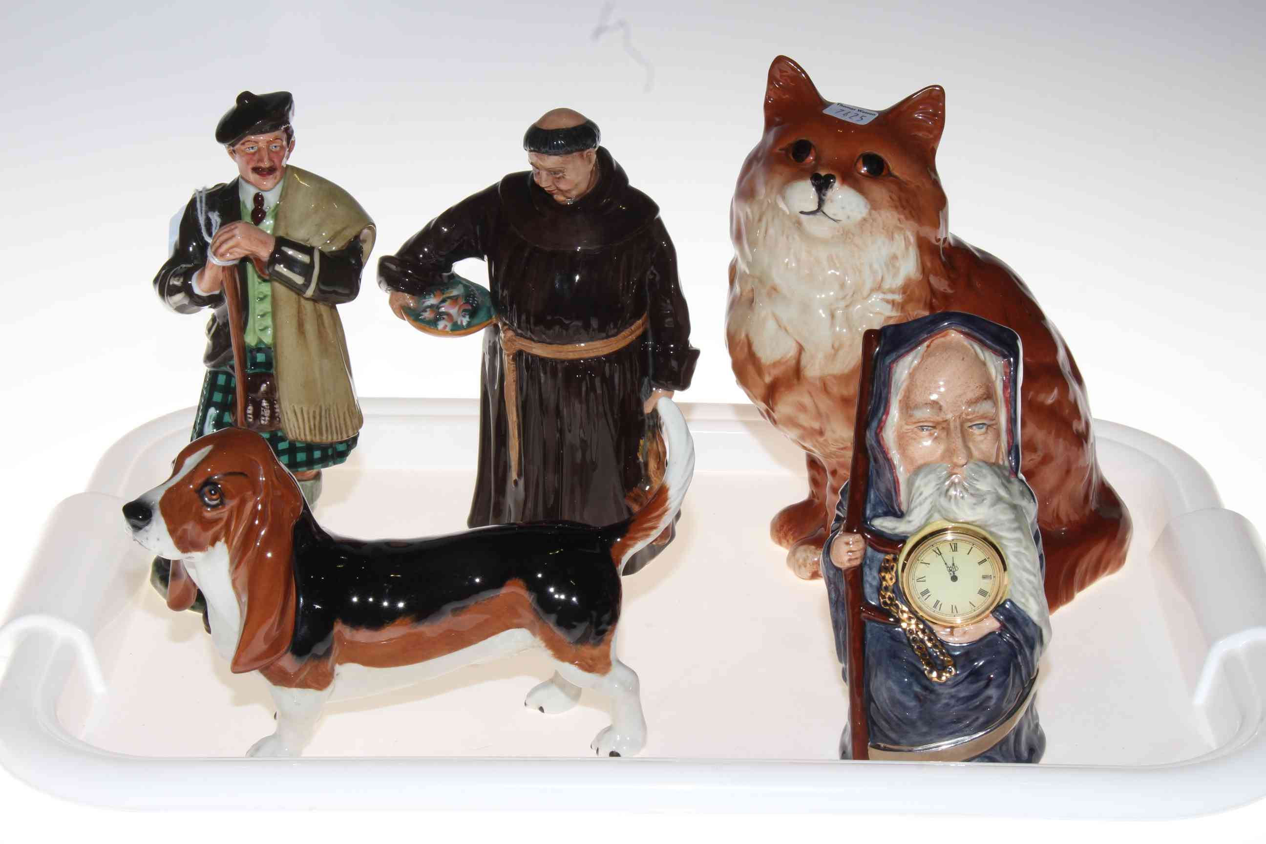 Three Royal Doulton figures, Beswick beagle and seated cat.