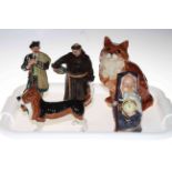 Three Royal Doulton figures, Beswick beagle and seated cat.