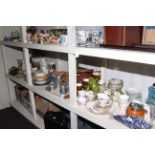 Large shelf collection including Picquot five piece service, leather hat box, Queen Anne teaware,