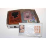 Box of loose stamps, Stanley Gibbons catalogue, schoolboy stamp book and two Roman coins,