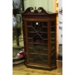 Victorian mahogany and line inlaid astragal glazed corner wall cabinet, 125cm by 77cm.