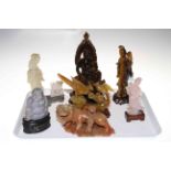 Seven pieces of Oriental hardstone including figures, bird and lion groups, Buddha, etc.