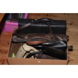 Collection of five handbags including Osprey and laptop case.