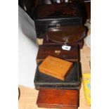 Black lacquered box, leather bridge box, silver handled knives, rosewood box of drawing instruments,