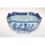 Antique Chinese blue and white bowl with landscape scenes.