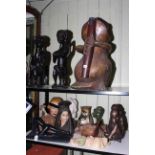 Pair of ethnic carved figures, large model of frog, bust, face masks, bronzed female nude, etc.