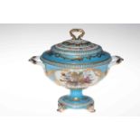 Sevres style tureen and cover decoration with bouquets on blue and gilt ground.
