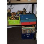 Box of LP records, cutlery, watches, china, portable phones, hedgehog ornaments, etc.